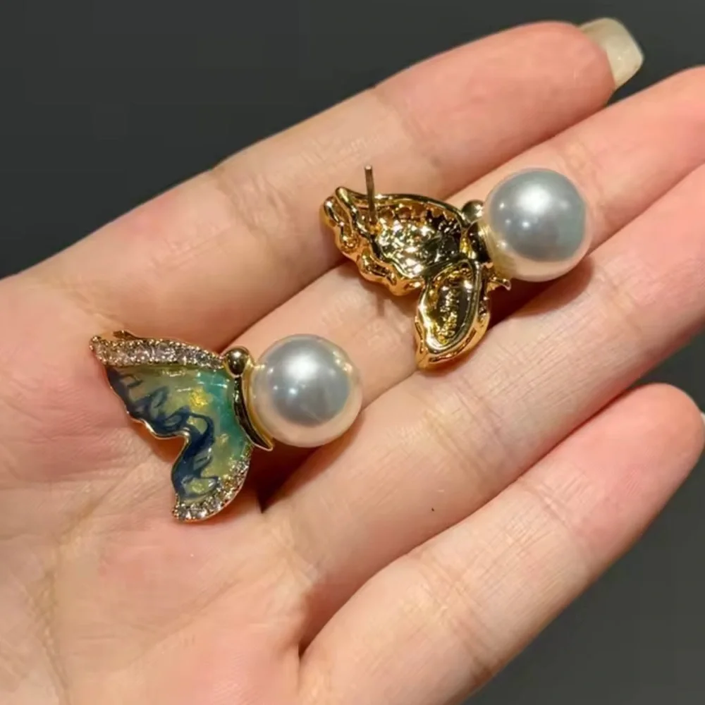 Vintage Luxury Craftsmanship Elegant Butterfly Pearl Ring Earrings Set